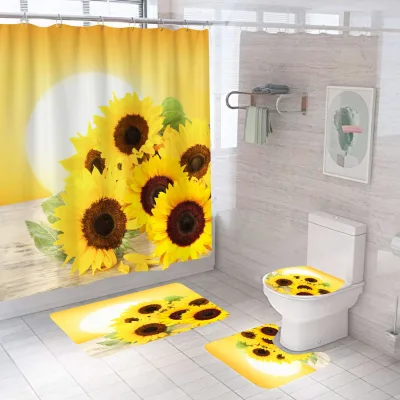 Hot Sale New Arrival Sunflower Bathroom Fabric Custom Print Anti Slip Bath Mat and Shower Curtain Set 4 Pcs Shower Curtain