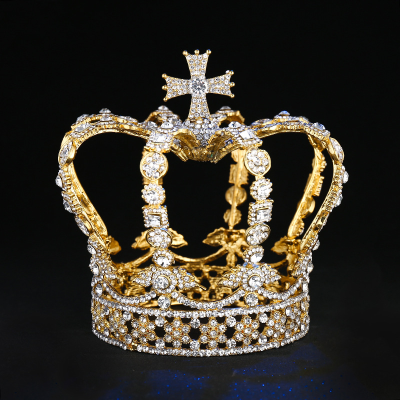 Europe Luxury Baroque Diamond Princess Crown Gold Round Tall king Queen Crown