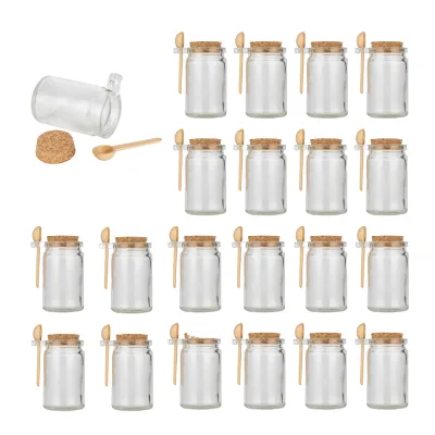 Glass Honey Jar Wide Mouth Glass Body Scrub Bath Salts Jar with Cork Seal Square Shape and Crok Wooden Spoon for Sugar Storage