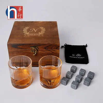 Custom Laser Etching Old Fashioned Whiskey Glass Wooden Box with Stones Gift Set for Him Husband Dad