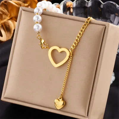Gold Plated Boho Chic Women's Necklace Titanium Steel Link Chain with Irregular Pearl Heart Pendant Boho Chic Layering Necklace