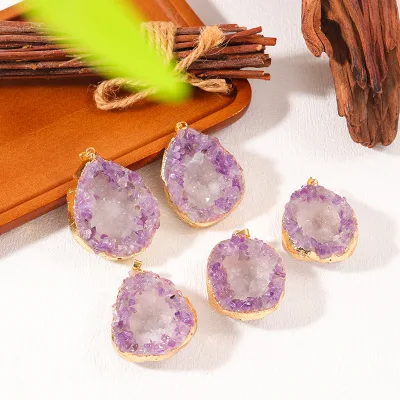 Natural Amethyst Pendant Gold Plated Amethyst Necklace Crystal Cluster Original Stone Pendant Hanging Ornaments