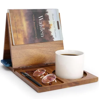 Wooden Book Holder Stand for Reading Rest Wooden Book Page Holder Triangle Book Valet Nook Stand with Cup Glasses