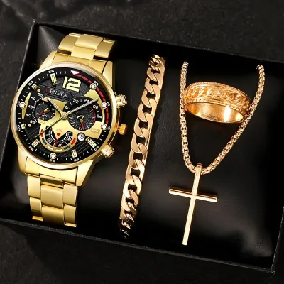 Men's Watch Roman Numeral Quartz Wristwatch Cross Necklace Bracelet Ring Business Gift Set Custom Logo Trending Product 2026