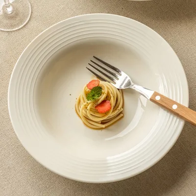 Safe Nordic Minimalist Design Shape Stylish Embossed Straw-Style Solid-Color Ceramic Plate-Microwave for Western Cuisine Pasta