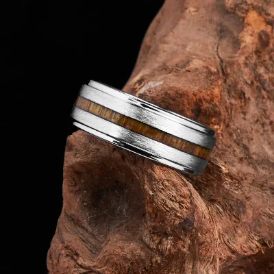 Vintage Fashionable Trendy 8mm Brushed Center Teak Natural Wood Inlay Silver Plated Tungsten Ring for Men Wedding Engagement