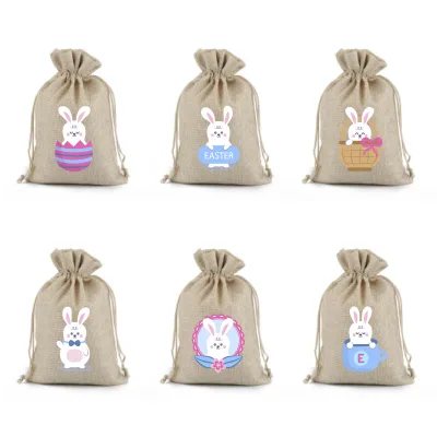 Customizable Logo Easter Bunny Eggs Treat Bags Kids' Favor Burlap Candy Style Christmas Decorations Jute Drawstring Gifts