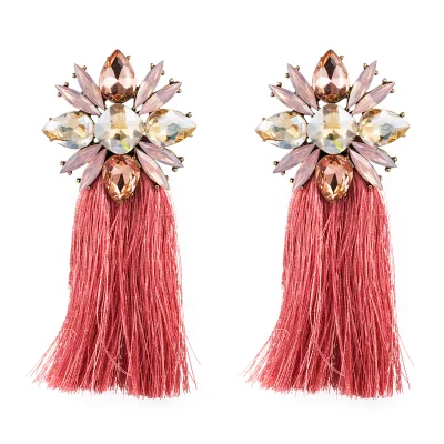 Boho Ethnic Style Exaggerated Creative Diamond-studded Glass Diamond Flower Long Tassel Earrings Women