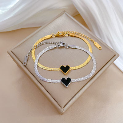 Love Heart 18k Gold Plated  Bracelet Snake Chain Free Stainless Steel Black Heart Bracelet