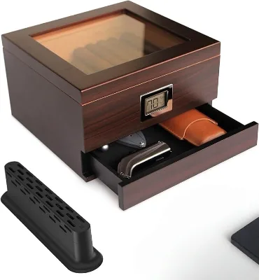 Hot Wholesale Classic Lacquer Cigar Humidor Wooden Box with Top Glass Large Capacity Drawer & Custom Logo