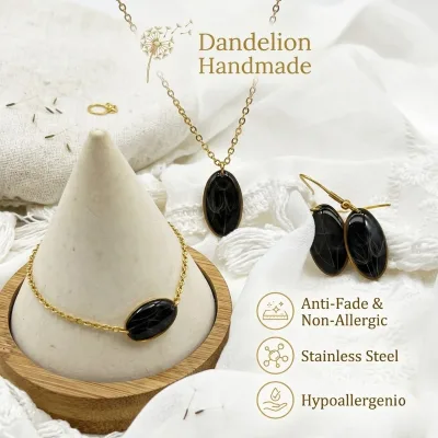 Handmade Real Dandelion Resin Jewelry Set 18K Gold Plated Stainless Steel Oval Pendant Necklace Bracelet Drop Earrings Set