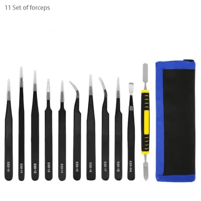 ESD Anti-Static Tweezers Kit 11pcs Precision Stainless Steel for Electronic Soldering Repair