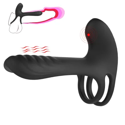 Dual-Point Silicone Vibrating Penis Ring Male and Female Shared Locking Masturbator Three-Point Stimulation