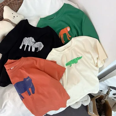 Korean Mid-Sleeve Shoulder T-Shirt for Boys Girls Spring Summer Casual Kids Wear Cute Loose Printed Cartoon Design Solid Pattern