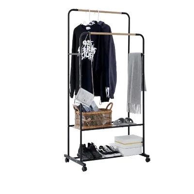 Rolling Clothing Rack Wheels Double Rails Clothes Rack 2 Tiers Metal Shelf Modern Coat Rack and Stand with Shoe Shelves