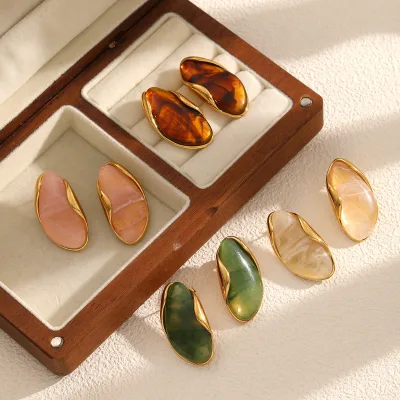 Resin Amber Stud Earrings Elegant Vintage Maillard Style Stainless Steel Titanium Steel Fashionable Vintage Jewelry