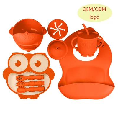 BPA Free Owl Silicone Baby Feeding Set 6 Pcs Divided Suction Plate & Bowl with Lid Cute Animal Owl Series Toddler Dinnerware
