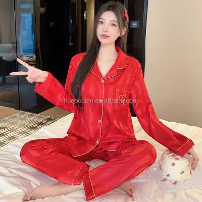 Red Striped Premium Spring New Arrival Women's Long-sleeve Pajamas Heart Print Comfortable Satin Elegant Sleepwear Sets
