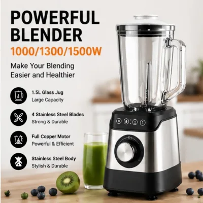 New Hot Sale Electric Automatic 1000-1500W 5 Speeds Table Blender 1.5L Glass Jar Stainless Steel Housing Low Noise Household RV