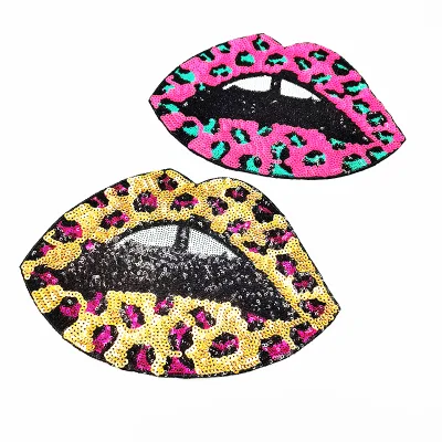 Custom Leopard Print Mouth Design Sequin Embroidered Lip Iron on Patches Embroidery Patch for Clothing