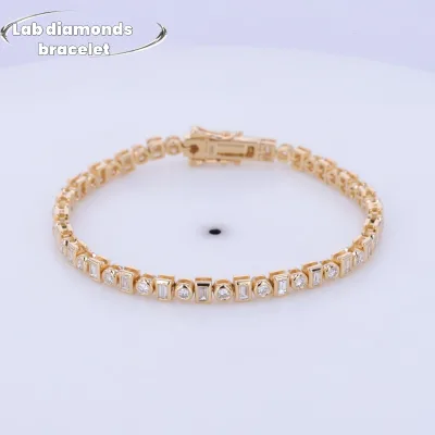 Solid Gold Lab Grown Diamonds Tennis Bracelet Round Cut Bracelet Baguette Cut Lab Diamonds Bezel Setting Baguette Cut Bracelet