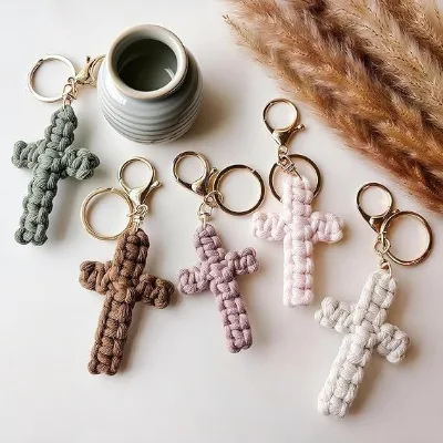 Bohemian Style Hand-woven Handmade Soft Cross Keychain Pendant for Car Decoration and Bag Hanging Gift