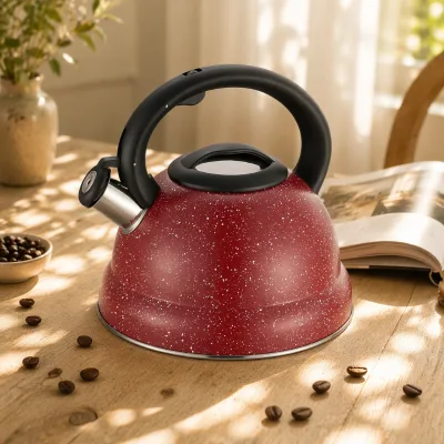 2.5L Stainless Steel Whistling Tea Kettle with Plastic Handle Fine Satin Polish Body and Red Color 3L Capacity Tea Pot