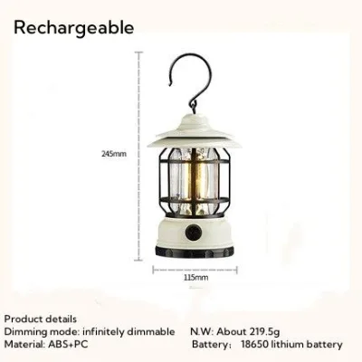 Waterproof LED Camping Lantern Flame Decorative Retro Design Stepless Dimming Battery Operated Tabletop Tent Light for Camping