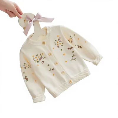 Baby Cardigan Coat Spring/Autumn Western-Style Sweater Girls Cotton Knitted Top Floral Bird Print Princess-Style Outerwear for