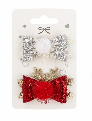 Christmas Bow Hairpin Shiny Pink Fabric Garlitt Balls Headwear Glamour Red Gold Reindeer Hair Clip for Girls Kids Party Sweet
