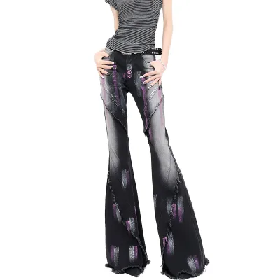 Trendy Design Streetwear Hot Girl Style Brushed Paint for Edge Denim Pants Vintage Color Black Stretch Skinny Fit Flare Y2K