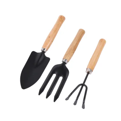 Wholesale Industrial Three-Piece Iron Multifunctional Garden Horticulture Set Small Rakes Shovels Wooden Handles Customizable