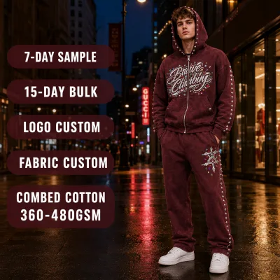 Custom 480GSM Burgundy Acid Wash Fleece Studded Embellished Zip up Pyramid Sleeve Gem Two Piece Gothic Mens Tracksuit Set