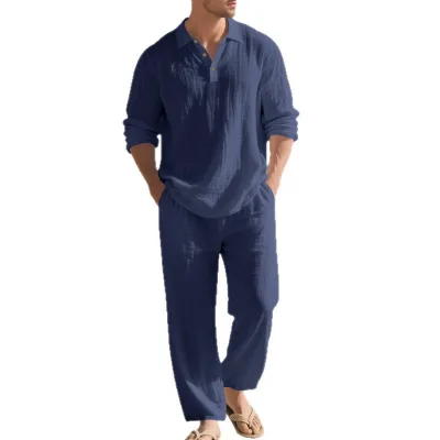 Men's Casual Pants Eco-Friendly Linen Loose Polo Shirt Long-sleeved Trousers Set with Rhinestone