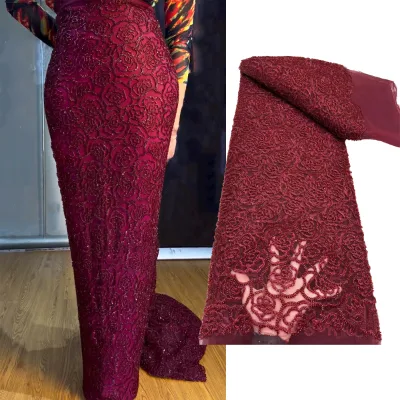 NI.AI Burgundy Top Craft Beaded Luxury Rose Mesh Lace Uniform Beads for Custom Bridal Formal Party Premium Dress Raw Material