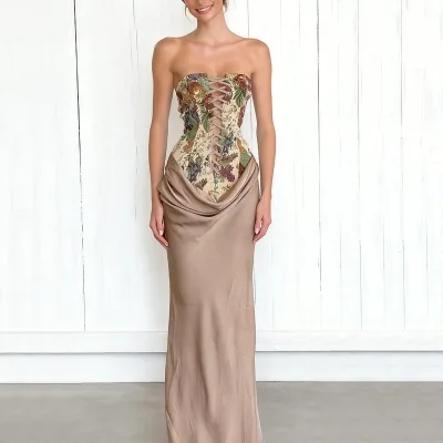 High Quality Custom Fashion Satin Floral Print Strapless Maxi Mermaid Silhouette V-neck Sexy Tube Party Dresses