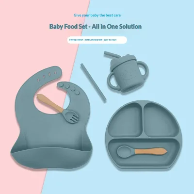 Cross-border Best-selling Babys Dinnerware Set Silicone Bib Solid Pattern Five-piece Set Wooden-handled Fork Spoon