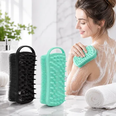 Wholesale Custom 2 in 1 Double Sided  Silicone Shower Scrubber Silicone Exfoliating Body Scrubber With Hanging Hole