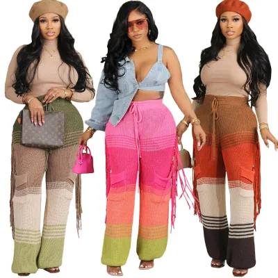 Fashionable Street Splicing Color Loose Crochet Knit Pants High Waist Straight Women Tassel Pants
