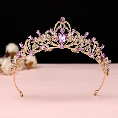 Baroque Princess for Women Gold Leaves Headpieces with Purple Rhinestone Crown Halloween Costume Accessories