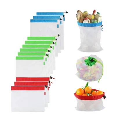 ECO-Friendly Safe Mesh Bags Sets for Fruit, Veggies, Shopping Mesh Storage Bag With Drawstring Reusable Mesh Produce Bags