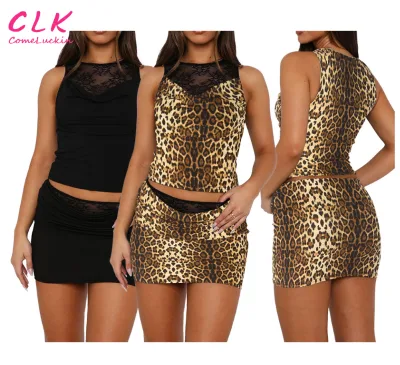Summer New Sexy Solid Color Lace Patchwork Short Women's Skirt Set Lace Tops Skirts 2 Pieces Sets Round Neck Sleeveless Set