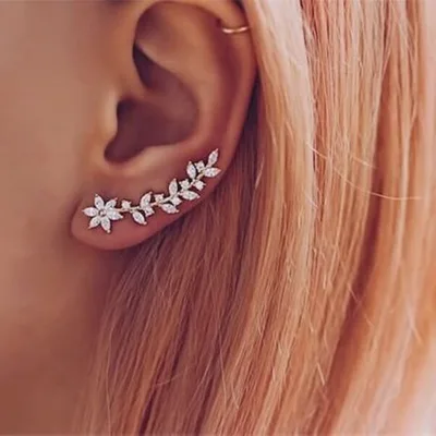 Trendy Flower Leaf Design Shiny Cubic Zircon Ear Cuff Earrings Jewelry for Women