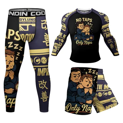 New Printed Design Rashguard Sportsuits MMA Fight Running Fitness Gym Leggings+Shorts 4 Pcs/Set UPF50 Anti-UV Rubber Anti