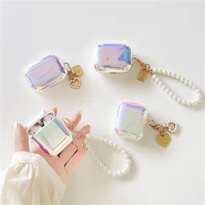 Custom IMD Holographic Blue Polar Light Aurora Case Cover with Key Chain Decoration for Airpods 1 2 3 4 Pro Max