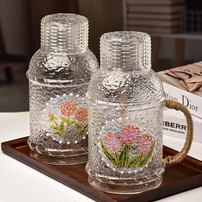 Japanese High Temperature Resistant Floral Pattern Transparent Glass Cold Water Pitcher Set Handle Modern Minimalist Design