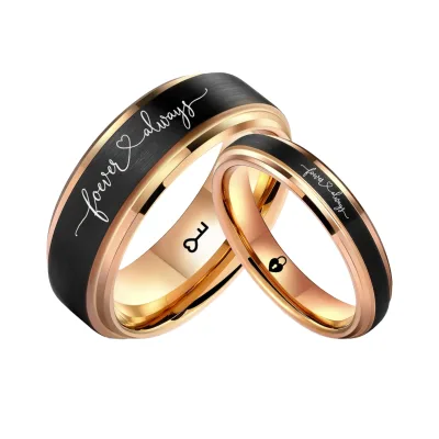 4MM 6MM 8MM Custom Tungsten Carbide Ring Engraved Promise Wedding Ring 18K Rose Gold Stepped Edge with Black Matte Satin Finish