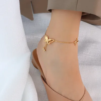 Hot Sale Anklet Stainless Steel Plated 18K Gold Inlaid Zircon Anklet Hypoallergenic Butterfly Tassel Anklet