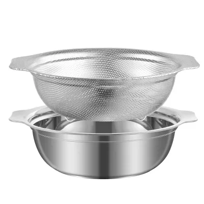 Hot Sale Eco-friendly Stainless Steel Mixing Bowl Colander Set Convenient for Vegetables Food Washing Serving Polished Handle