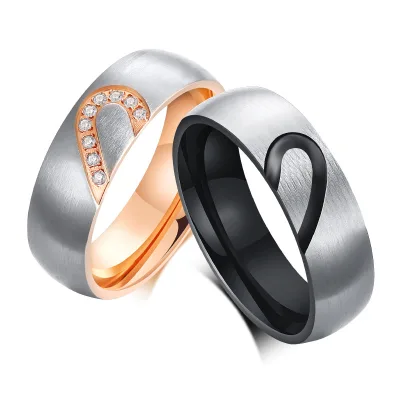 18K Gold Plating Wedding Zircon Half Heart Shaped Jewelry Matte Finger Ring Men and Women Couple Rings